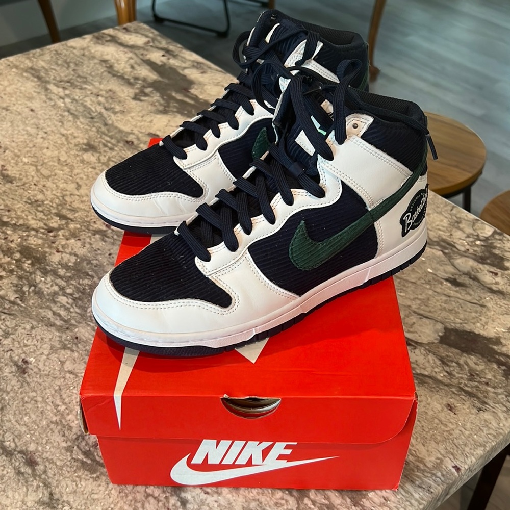 Nike Dunk Hi PRM EMB Navy & Green Men Size 8.5 Corduroy & Leather Sneakers Shoes